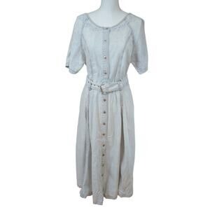 Together! Vintage Embroidered 80's Acid Wash Denim Midi Dress Size 10 Petite